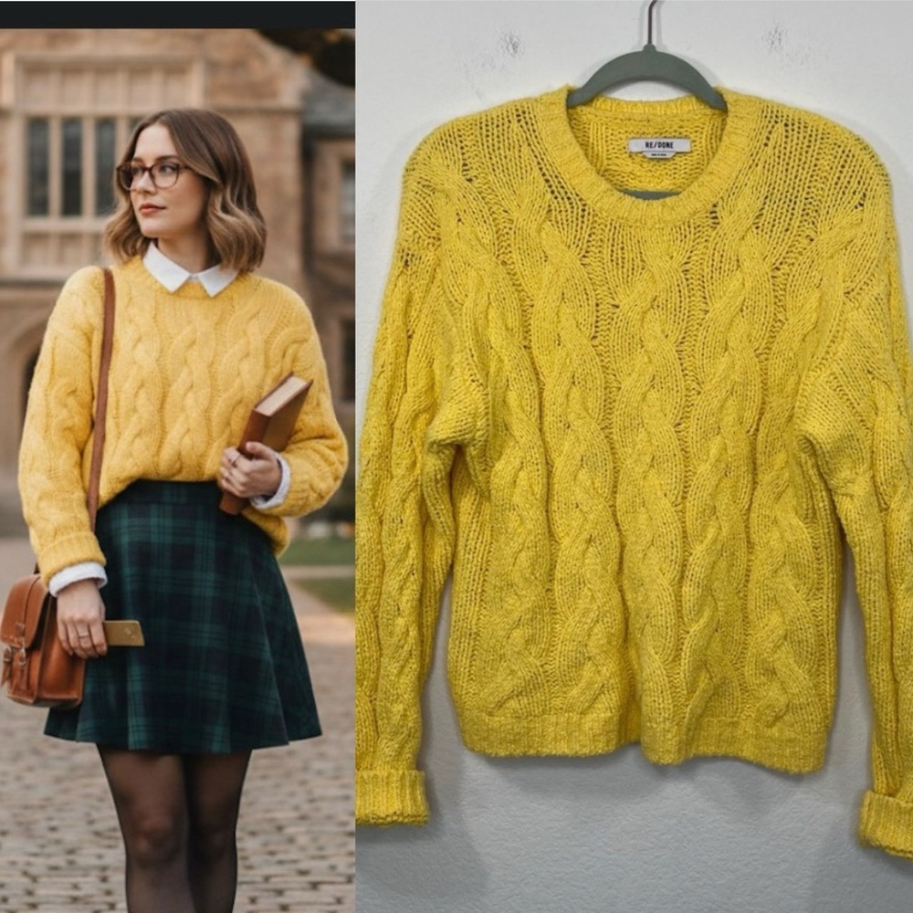 RE/DONE Cable-knit cotton-blend sweater Yellow size XS‎